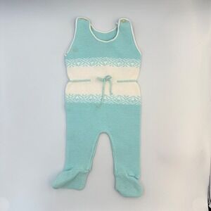 Vtg 70-80s Friedknit Creations Baby Romper 6–12M Turquoise Knit Footed One-Piece